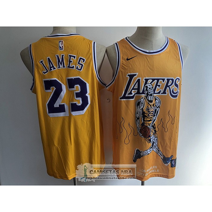 Camiseta Los Angeles Lakers LeBron James Hardwood Classics Skull Edition Amarillo